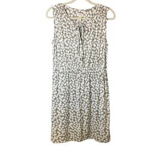 Loft Gray & White Floral Print Elastic Waist Tie-Neck Dress Size Medium EUC